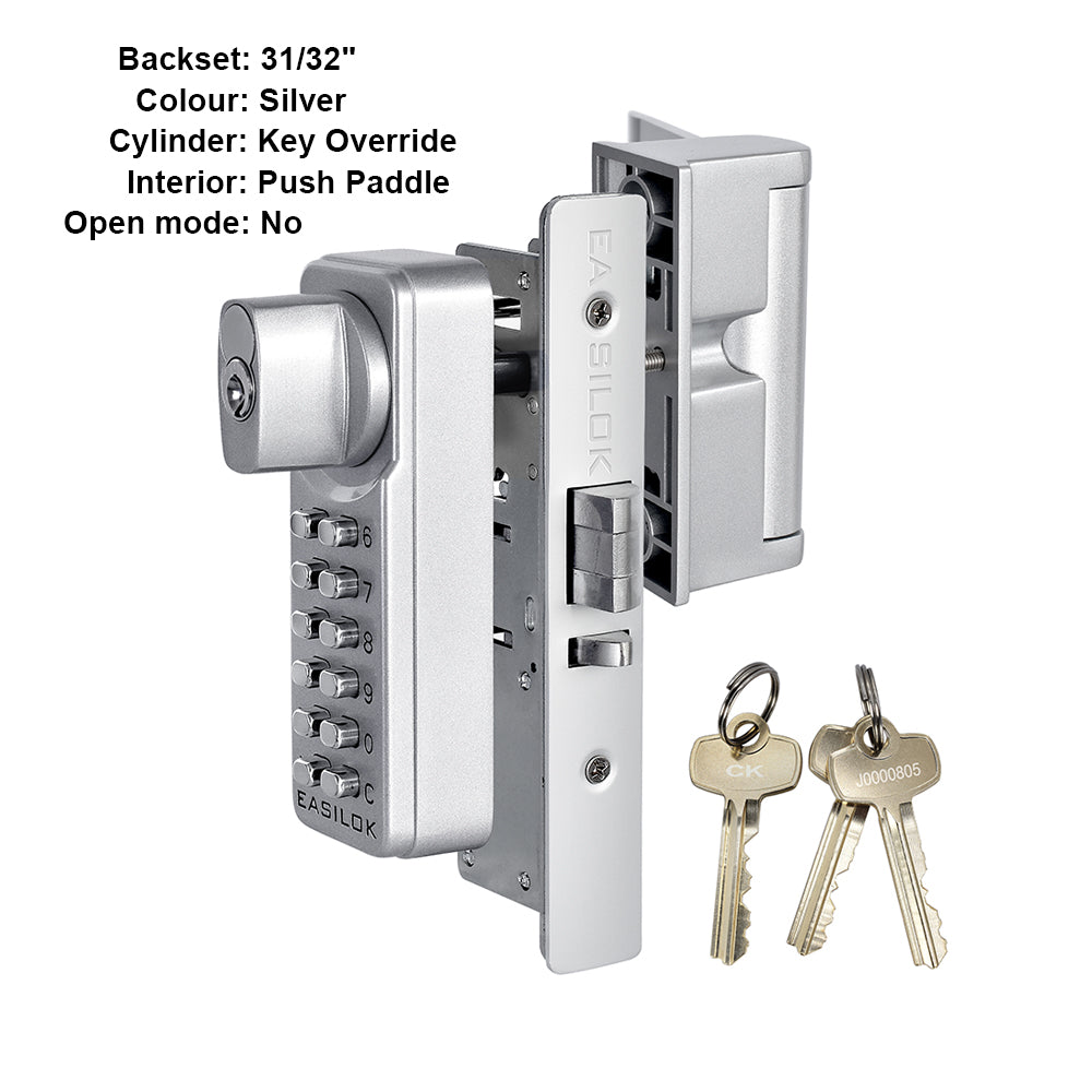 EASILOK SK4510S(sfic): Universal Handing Mechanical Keyless Storefront Door Deadlatch | SFIC Key Override | Drill-Free DIY Adams Rite 4510S Replacement with Push Paddle 31/32" - Silver