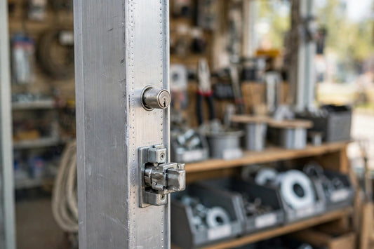 Mortise deadbolt and bolt on an aluminum storefront door edge before replacement
