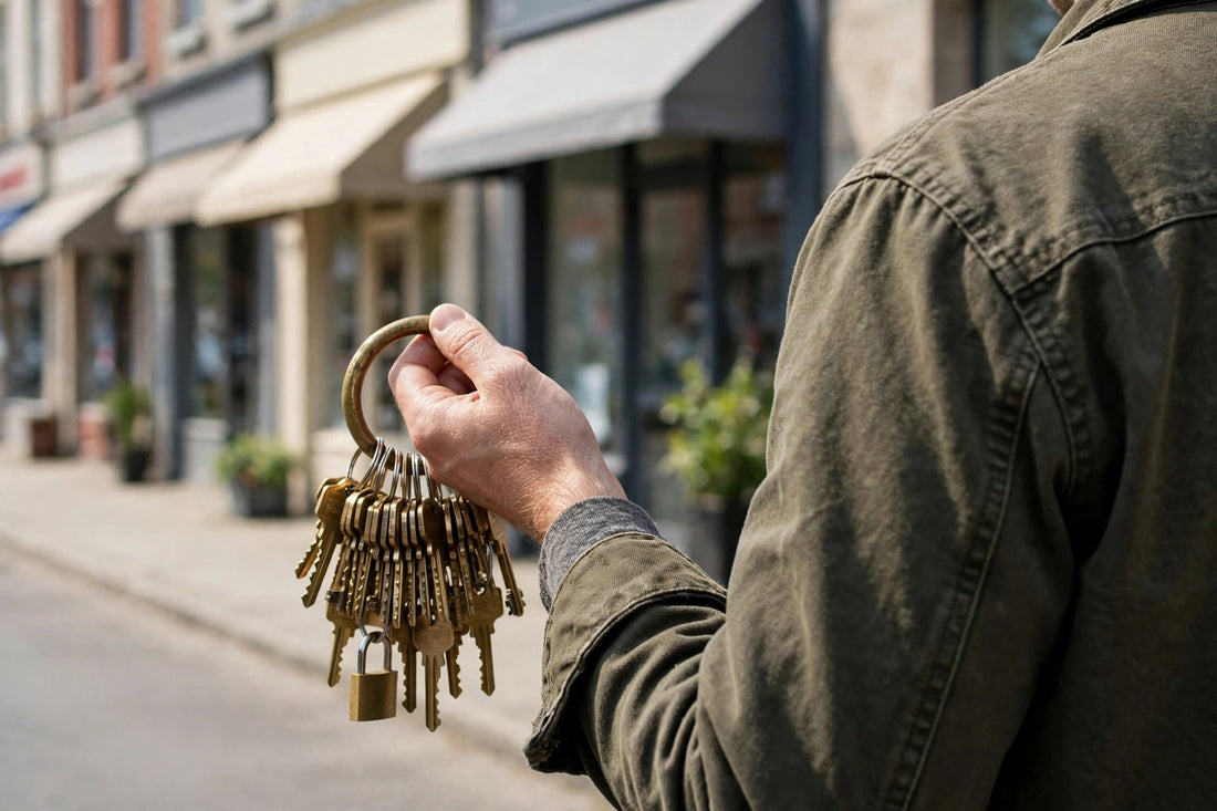 Property manager holding a ring of dozens of keys in front of a row of storefronts