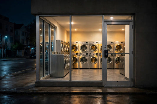 Laundromat open all night with a mechanical keypad lock on the door — unattended hours on one shared code