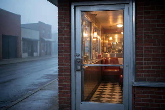 Mechanical keypad deadbolt on a diner storefront door used by three shifts