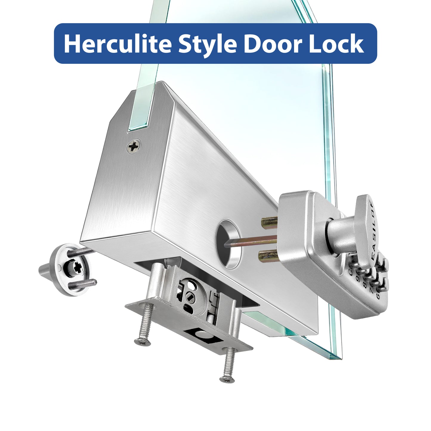 SK777:  Keyless Herculite Glass Door Bottom Rail Lock | DIY installation &Drill-Free  Replacement(Drop-in) for CRL 777S &FHC777& ILCO BRL，0.84“, Silver