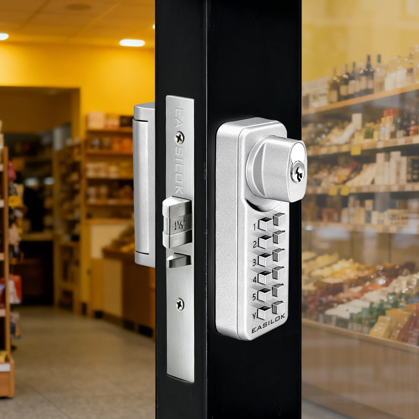 EASILOK  SK4510S(sfic): Universal Handing Mechanical Keyless Storefront Door Deadlatch | SFIC Key Override | Drill-Free DIY Adams Rite 4510S Replacement with Push Paddle 1.1/8" 31/32" - Black