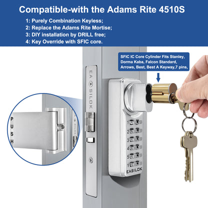 EASILOK  SK4510S(sfic): Universal Handing Mechanical Keyless Storefront Door Deadlatch | SFIC Key Override | Drill-Free DIY Adams Rite 4510S Replacement with Push Paddle 1.1/8" 31/32" - Black
