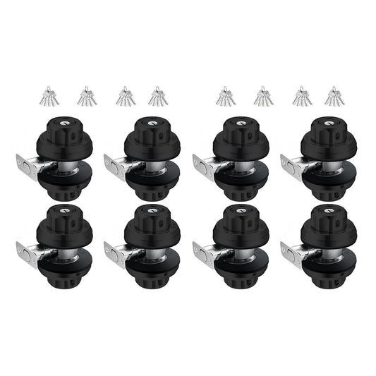 An 8-pack of matte black Easilok E2 deadbolts with latches and corresponding key sets.