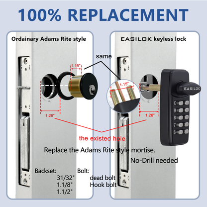 EASILOK--SK11 Plus : 100% keyless keypad Storefront Door Lock, 100% compatibly replacing the Adams Rite MS1850 series mortise,DIY installation with DRILL FREE