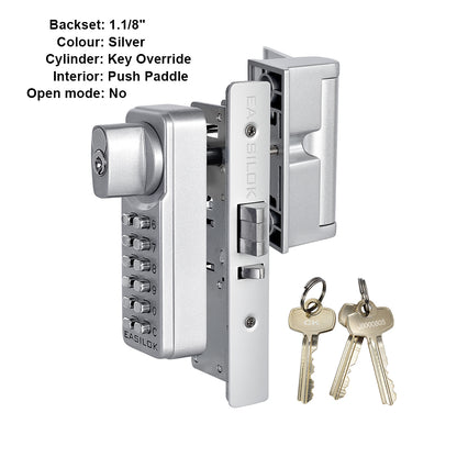 EASILOK  SK4510S(sfic): Universal Handing Mechanical Keyless Storefront Door Deadlatch | SFIC Key Override | Drill-Free DIY Adams Rite 4510S Replacement with Push Paddle 31/32" - Silver