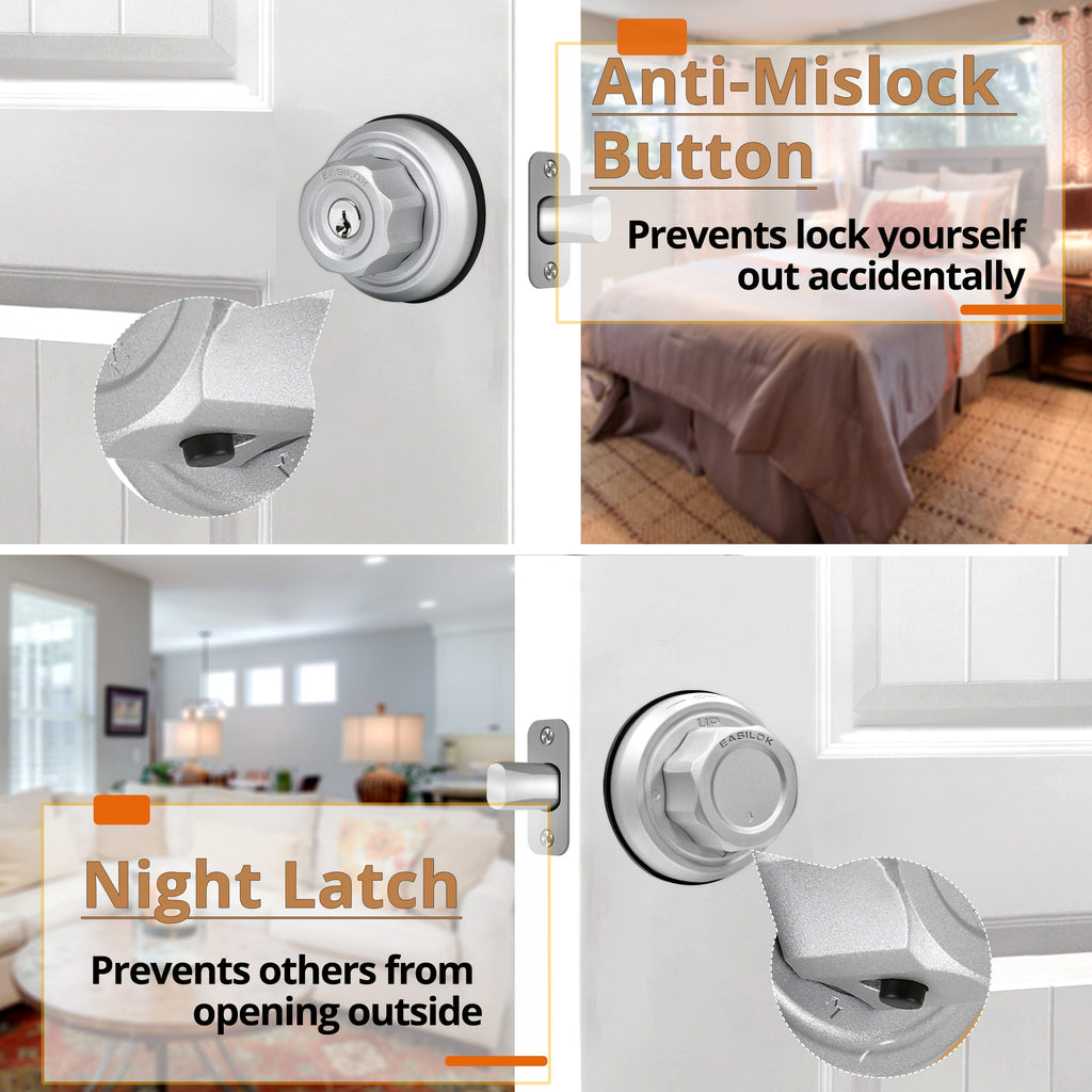 3*E4 EASILOK (Zinc Alloy)Deadbolt Lock, Silver, Twist to Lock Keyless with Night Latch & Anti-Mislock Button, Security Child Safety Lock