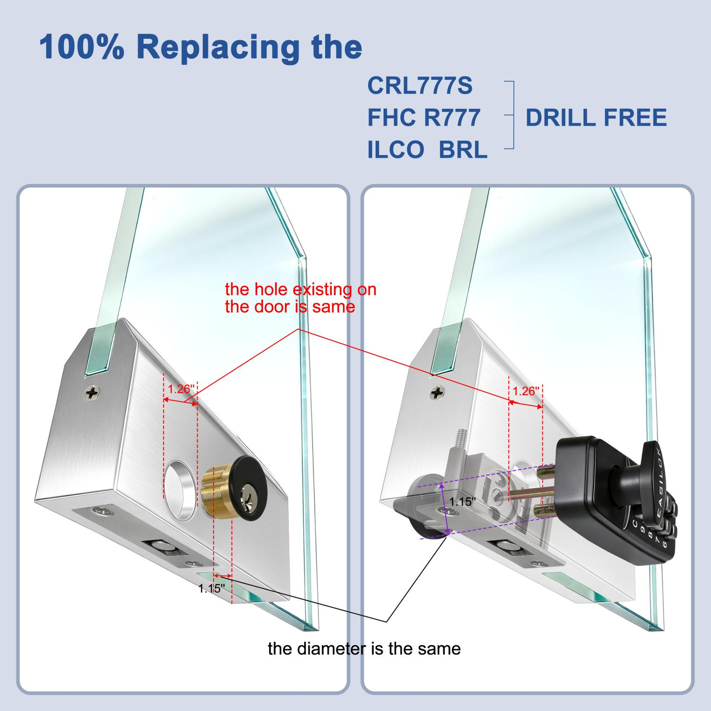 SK777: World's only Drill-Free Keyless Bottom Rail Lock SK777 for herculite stile doors| direct Replace the CRL 777S, FHC R777, ILCO BRL | 100% Mechanical Smart Storefront Security | For Pros & Door Manufacturers Silver