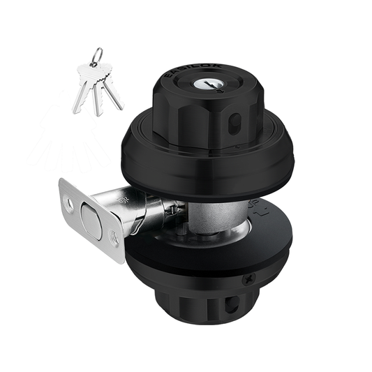 Black Easilok deadbolt door lock assembly with a silver latch mechanism and a set of three keys in the upper left corner.