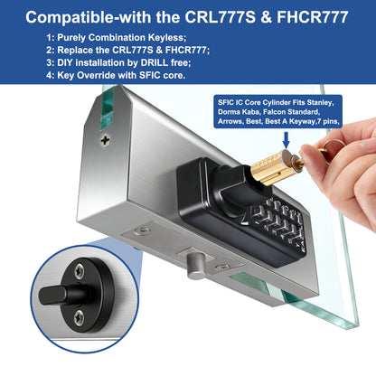 SK777S（sfic): Keyless Herculite Glass Door Bottom Rail Lock with SFIC Key Override | DIY installation & Drill-Free Replacement (Drop-in) for CRL 777S & FHC777 & ILCO BRL, 0.84", Silver,cross-patented