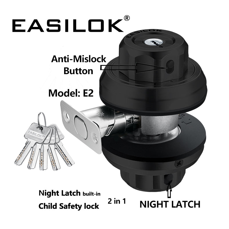 EASILOK E2(Dimple Keyway) with Keyed Alike Combo, Twist to Lock Deadbolt Lock Keyless with Night Latch & Anti-Mislock Button, Black