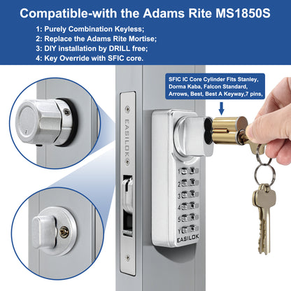 EASILOK SK1850S(sfic): The Only Drill-Free Combination Keyless Storefront Door Lock with SFIC Key Override & DIY Installation in The World