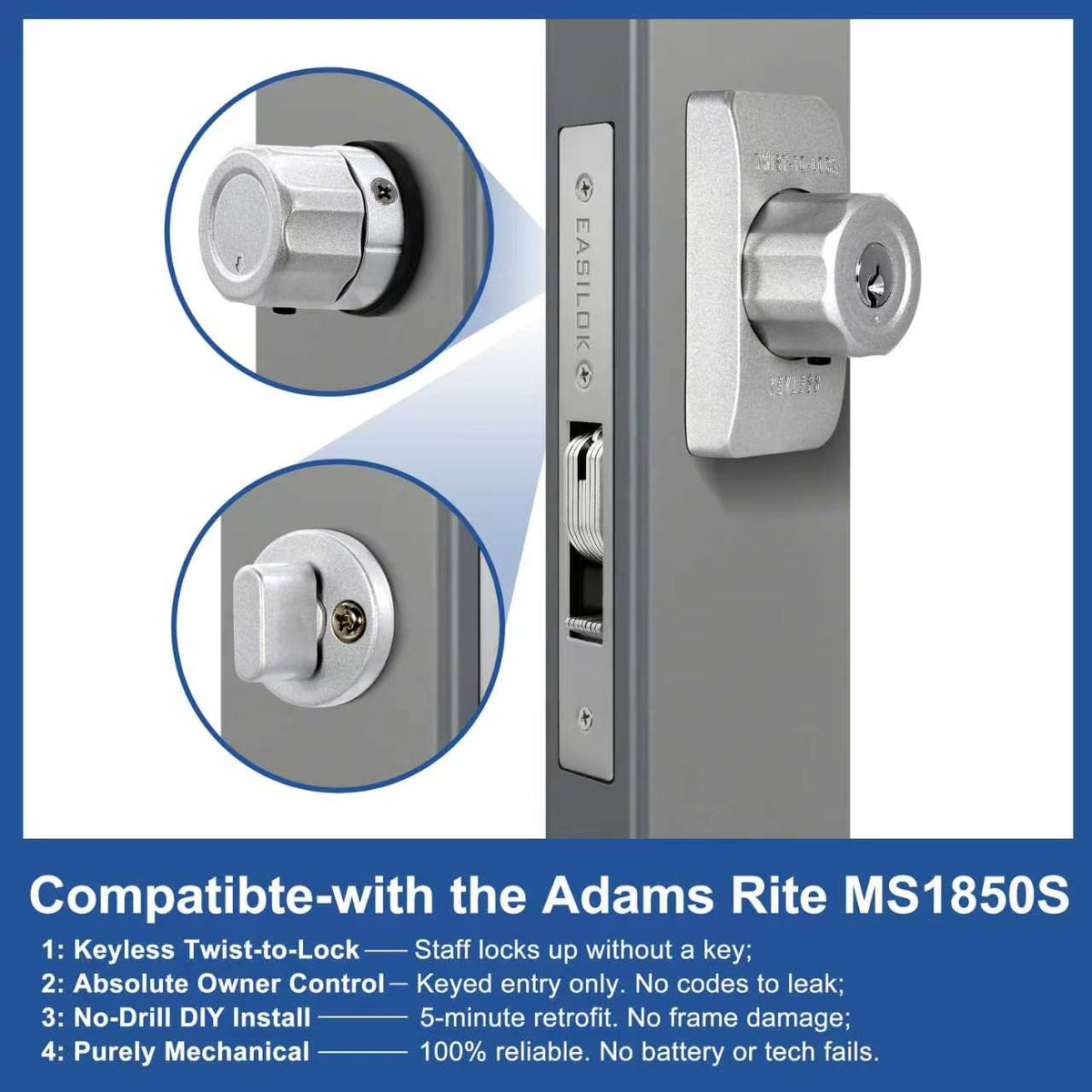 EASILOK SM1850 Mechanical Storefront Door Lock - Patented Twist-to-Lock Keyless with No key No code- Absolute Owner Control - Drill-Free DIY Replacement for Adams Rite MS1850S - 100% Reliability