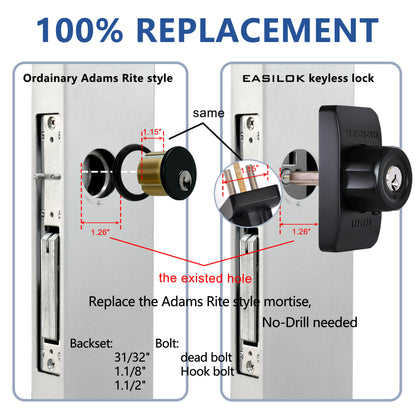 EASILOK SM1850 Mechanical Storefront Door Lock - Patented Twist-to-Lock Keyless  with No key No code- Absolute Owner Control - Drill-Free DIY Replacement for Adams Rite MS1850S - 100% Reliability