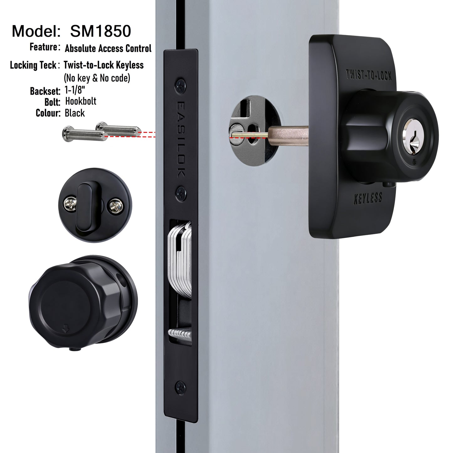 EASILOK SM1850 Mechanical Storefront Door Lock - Patented Twist-to-Lock Keyless  with No key No code- Absolute Owner Control - Drill-Free DIY Replacement for Adams Rite MS1850S - 100% Reliability
