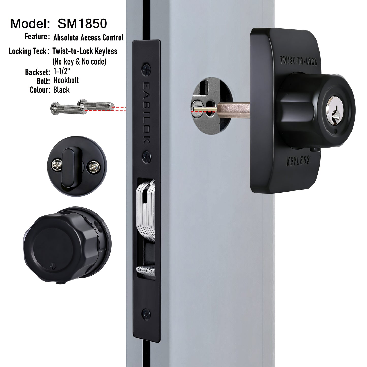 EASILOK SM1850 Mechanical Storefront Door Lock - Patented Twist-to-Lock Keyless  with No key No code- Absolute Owner Control - Drill-Free DIY Replacement for Adams Rite MS1850S - 100% Reliability