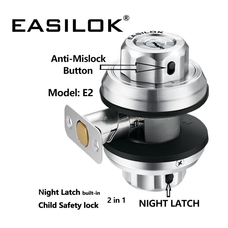 EASILOK 5*E2 with Keyed Alike Combo, Twist to Lock Deadbolt Lock Keyless with Night Latch & Anti-Mislock Button, Silver