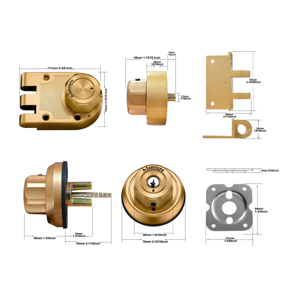 AIsecure 2*A9（1*brass+1*silver, Schlage keyway）Jimmy Proof Lock SC keyway, with Night Latch & Anti-Mislock Button ,brass