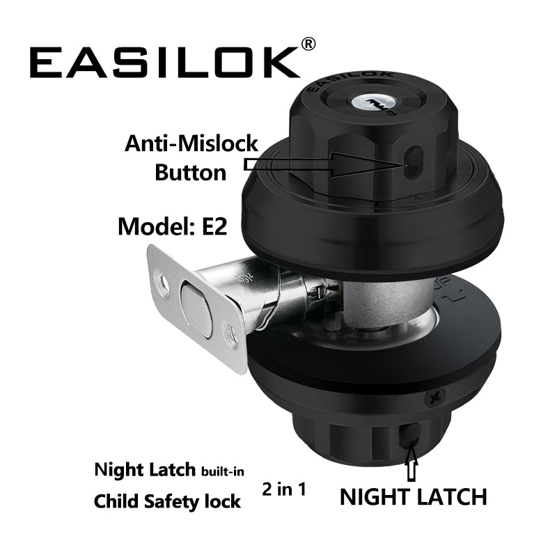 EASILOK 3*E2 (SC keyway) with Keyed Alike Combo, Twist to Lock Deadbolt Lock Keyless with Night Latch & Anti-Mislock Button, Black