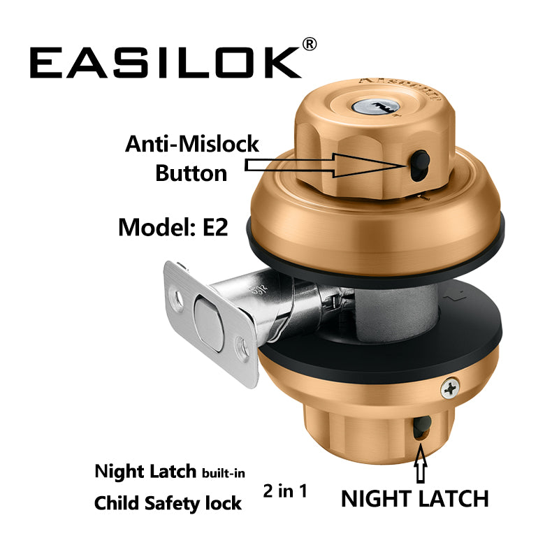 EASILOK E2 (Dimple keyway), Twist to Lock Deadbolt Lock Keyless with Night Latch & Anti-Mislock Button, Security Child Safety Lock, Brass