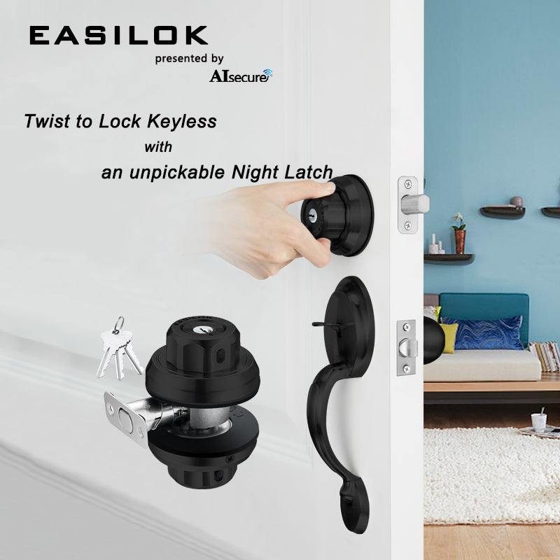 EASILOK E2 SC keyway(Schlage keyway),Twist to Lock Deadbolt Lock Keyless with Night Latch & Anti-Mislock Button, Security Child Safety Lock, black