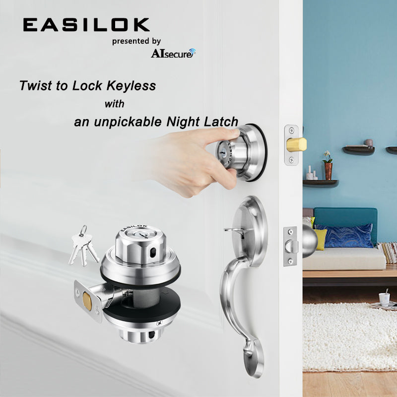 EASILOK E2 ,Twist to Lock Deadbolt Lock Keyless with Night Latch & Anti-Mislock Button, Security Child Safety Lock