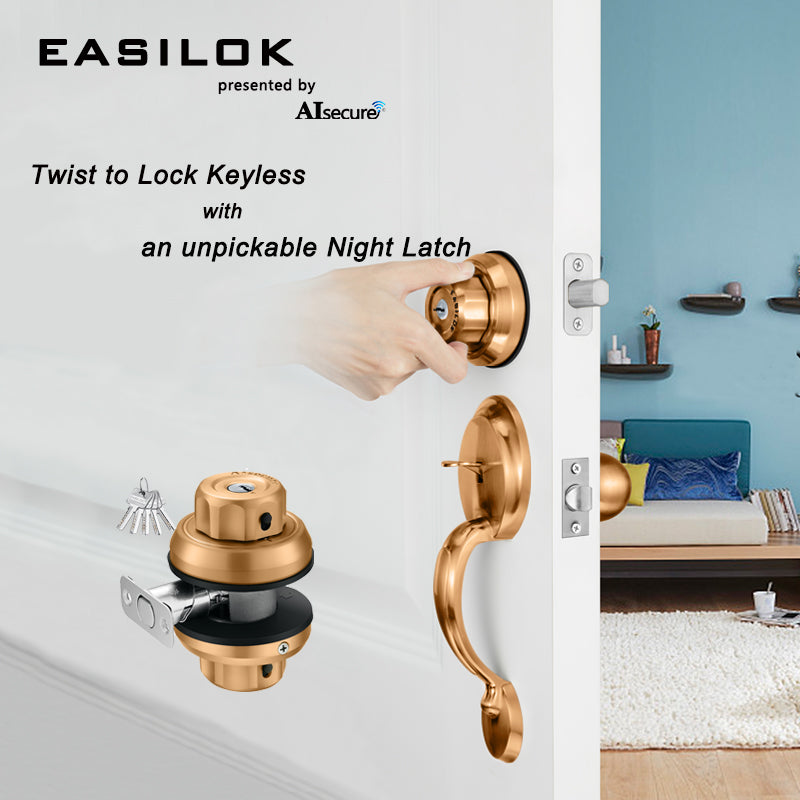 EASILOK 5*E2 with Keyed Alike Combo, Twist to Lock Deadbolt Lock Keyless with Night Latch & Anti-Mislock Button, Silver